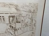 drawing of a dog sitting on a bench in front of a house
