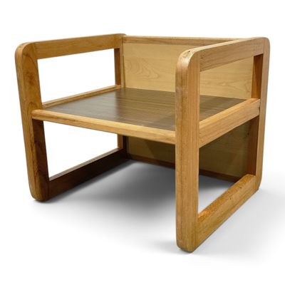 a wooden bench with a shelf on top of it