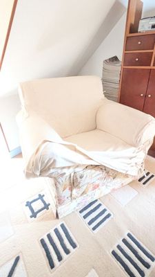 une photo d'un salon avec un canapé et une bibliothèque
