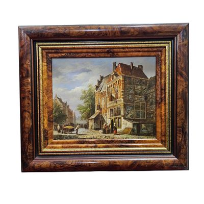 an oil painting of a street scene with a horse drawn carriage