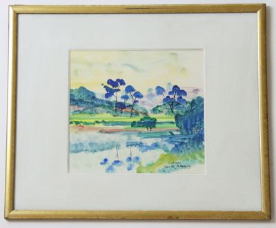 aquarelle représentant un paysage avec des arbres et un lac