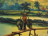 a painting of a man walking across a bridge over a river