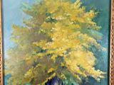 painting of a blue vase with yellow flowers in it on a table