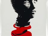 a white poster with a black and red image of a woman ' s face