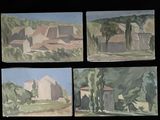 four paintings of a farm with a barn and a barn in the background