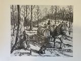 a drawing of a horse pulling a wagon in the woods