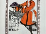 illustration of a woman carrying a tray of fruit to a man in a turban