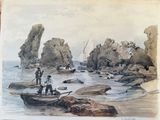 a picture of a painting of people on a boat in the water
