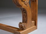 an image of a wooden table with a clock on top of it