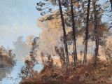 a painting of a river with trees in the foreground
