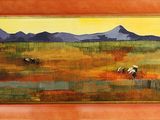 painting of two horses in a field with mountains in the background