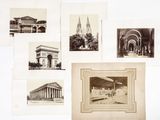 several old black and white photographs of a building and a clock tower