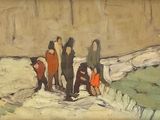 un tableau représentant un groupe de personnes marchant sur une plage