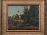 an oil painting of a church in a wooded setting
