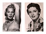 two black and white photos of a woman in a dress and a man in a suit