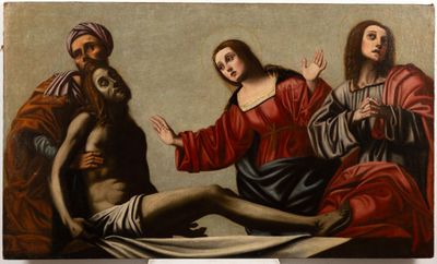 an image of a painting of jesus on the cross with other people