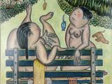 une peinture représentant un homme et une femme assis sur un banc
