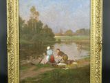 une image représentant un tableau où l'on voit deux enfants assis au bord d'une rivière