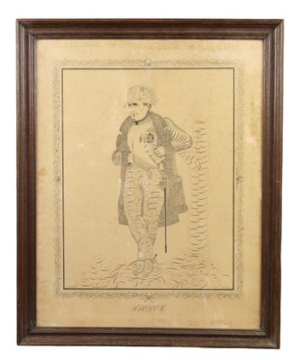an old drawing of a man with a cane in a wooden frame