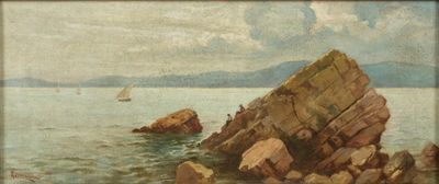 painting of a rocky shore with a sailboat in the distance