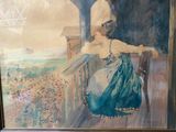 a painting of a woman standing on a balcony