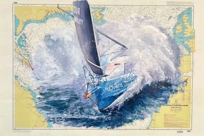 tableau représentant un voilier en pleine mer agitée, avec une carte du monde en arrière-plan