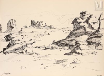 dessin représentant un paysage de montagne avec des rochers et des moutons au premier plan