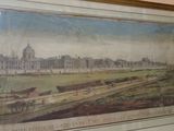 painting of a view of a city with a horse drawn carriage in the foreground