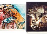 two pictures of a painting of a woman and a man in a cave