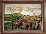 an oil painting of a group of people working in a field