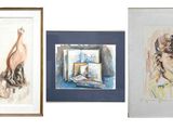 three framed pictures of a woman and a bird on a white background