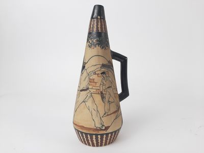 a vase with a painting on it on a white background