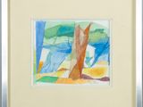 une image représentant une aquarelle d'un arbre dans un champ