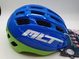 the helmet is blue and green with the word met on it