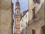 a painting of a person walking down a narrow street
