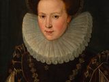 un vieux tableau représentant une femme en robe noire, avec un col à volants blancs