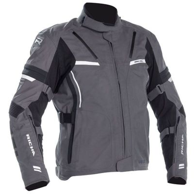a grey jacket with black and white accents on a white background