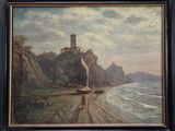 tableau représentant un voilier sur une plage rocheuse, avec un phare en arrière-plan