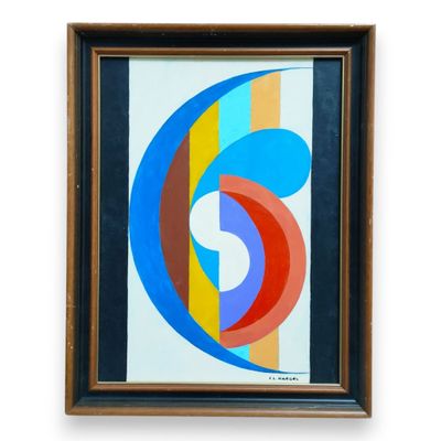 une peinture représentant un tourbillon bleu, rouge, jaune et orange sur fond blanc