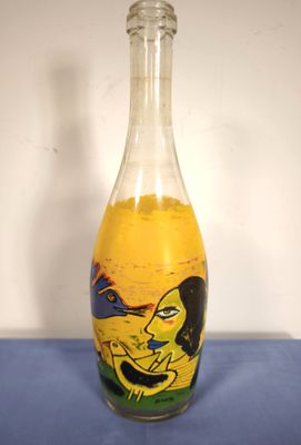 CORNEILLE : bouteille scène animée au chat, oiseau, femme (H…