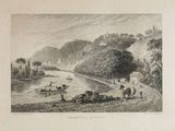 a picture of a drawing of a river with people on it
