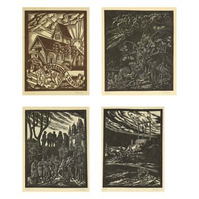 quatre gravures sur bois en noir et blanc représentant une scène forestière