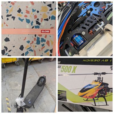 quatre photos différentes d'un scooter et d'un skateboard dans un magasin