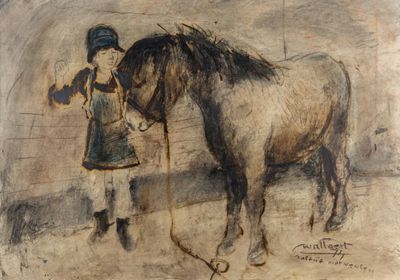 tableau représentant une femme et un cheval dans une écurie, près d'une clôture