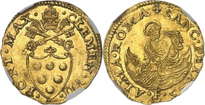a gold coin with an image of the virgin and child on it