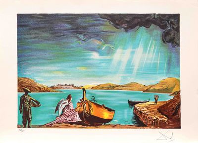 un tableau représentant un homme et une femme assis dans un bateau au bord de l'eau