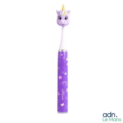 une brosse à dents violette surmontée d'une tête de licorne