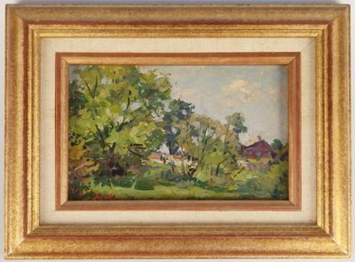 une peinture à l'huile représentant un paysage avec des arbres et des maisons en arrière-plan