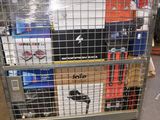 a cart with many boxes on it in a warehouse