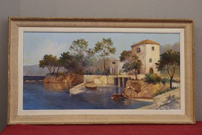 a picture of a painting of a house by the water